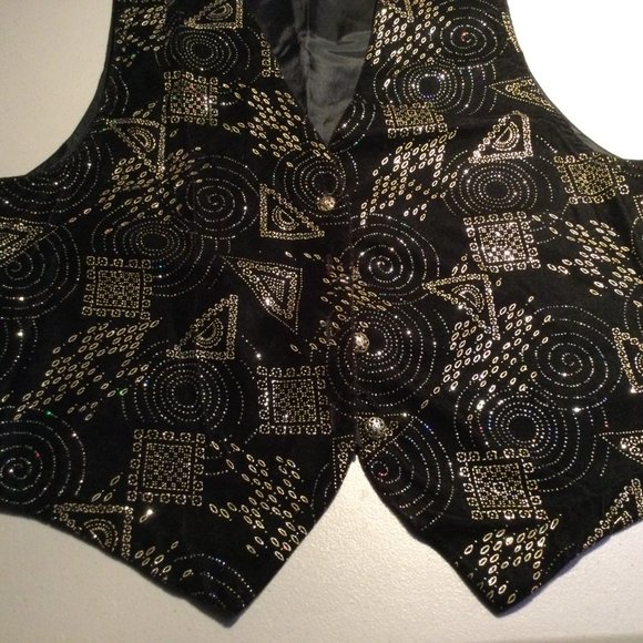 Miz California Ladies L Black Foil vest Button Down Geometric Patterns - Picture 7 of 9